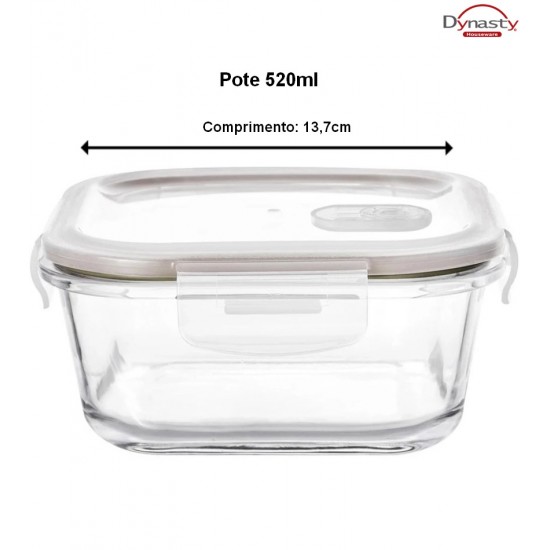 Pote 520ml 13,7x13,7x6,5cm Hermético Quadrado Em Vidro Borossilicato Com Tampa